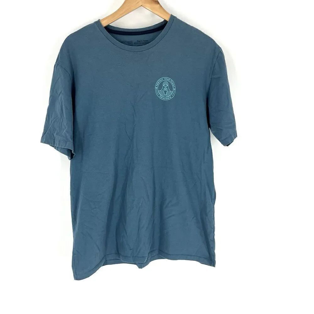 Patagonia T Shirt Size Medium Mens Blue Protect Your Peaks Organic Tee Crew